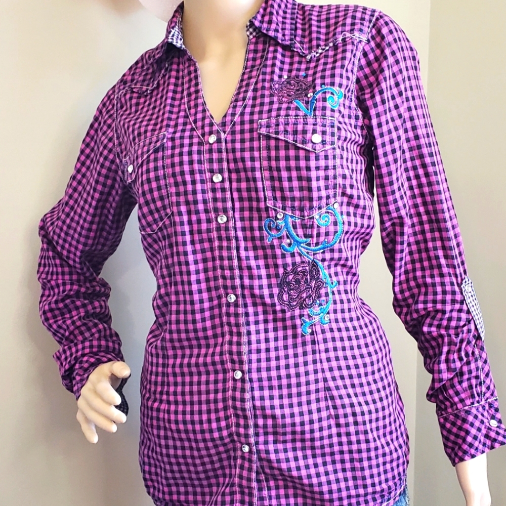 Rock 47 Pink Embroidered Plaid Western Shirt Rodeo Stampede Plaid with Bling